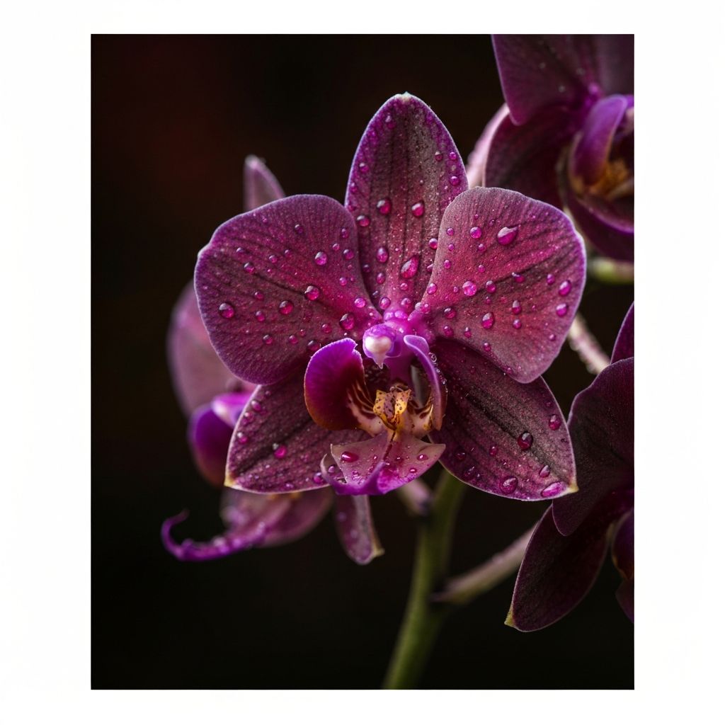 Orquídeas oscuras con gotas de rocío